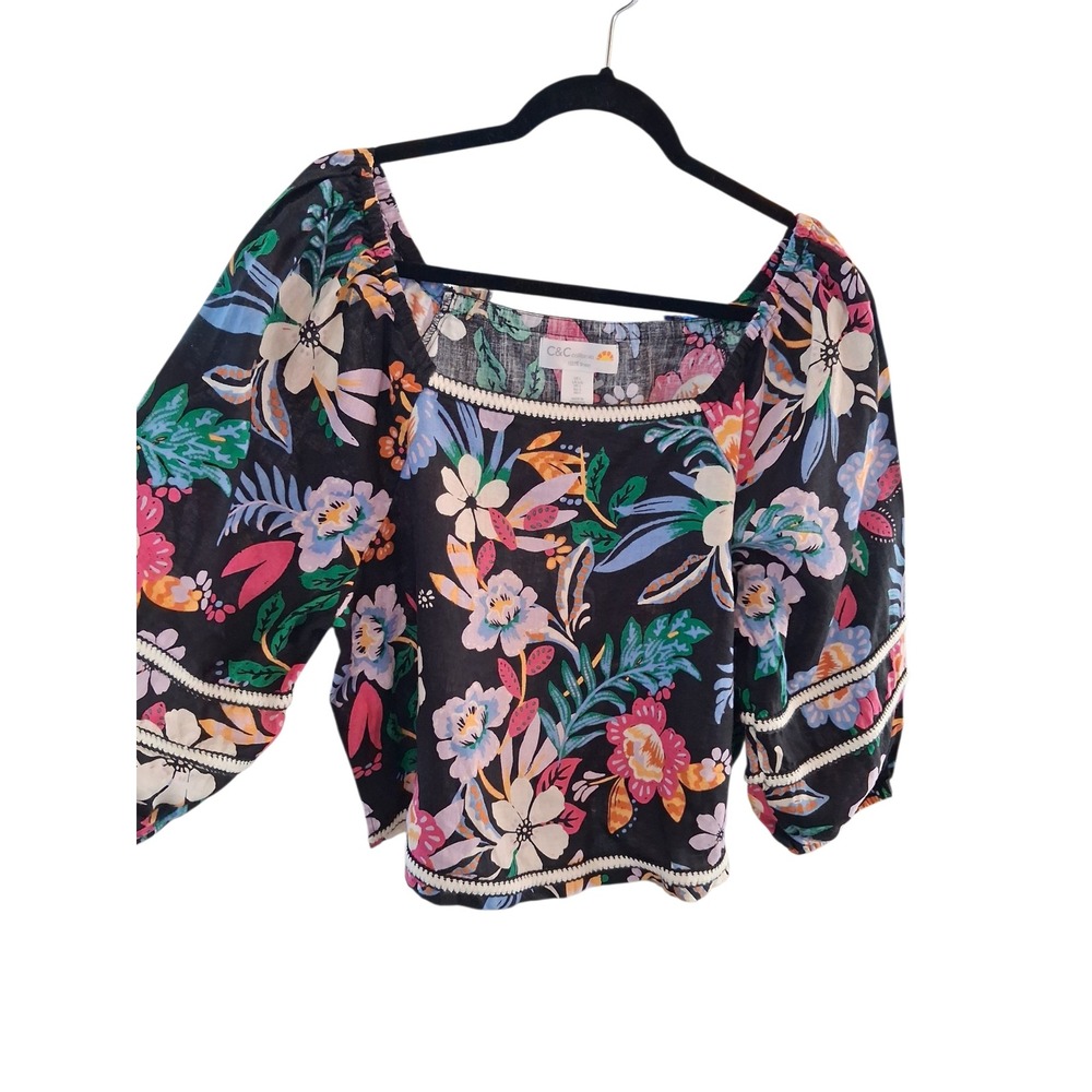 C&C California 100%Linen Euro Summer Womens size Large Floral Ballon Sleeve Top - Picture 6 of 12